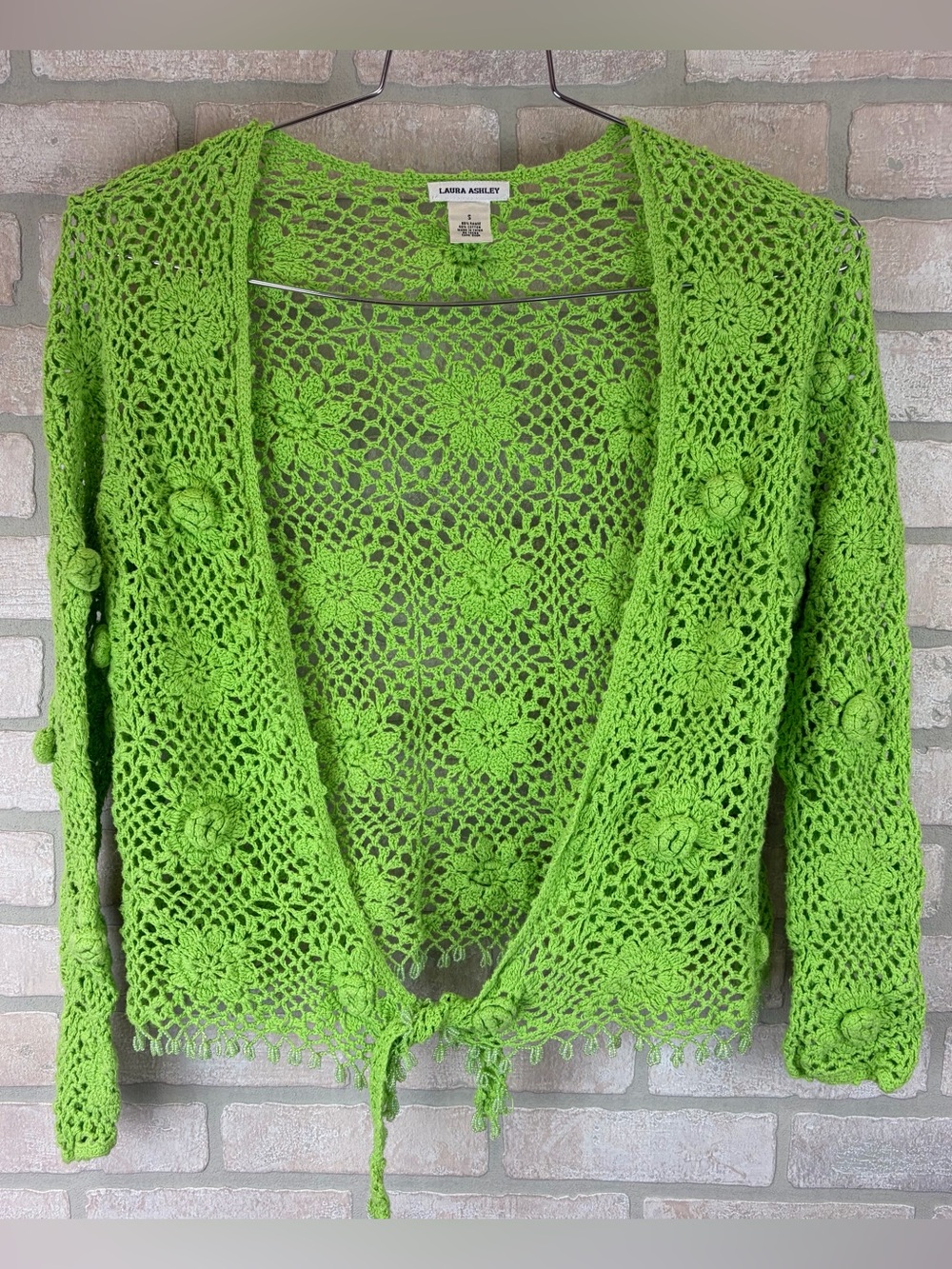 Laura Ashley Lime Green Crochet Tie-Front Sweater/Cardigan Small